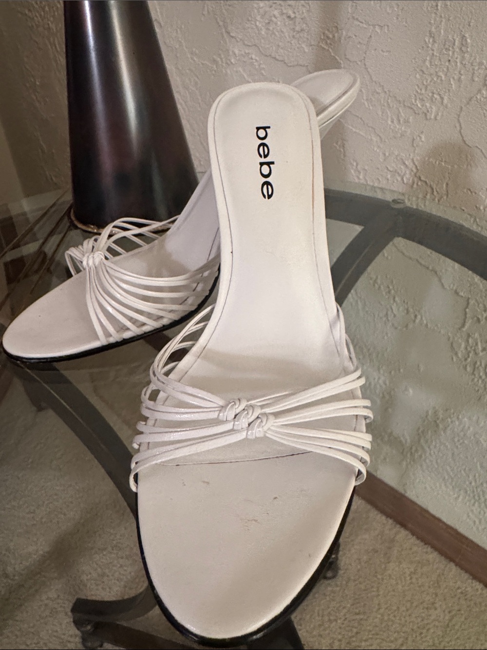 bebe White Knotted Strappy Slide Mules like new,size 8